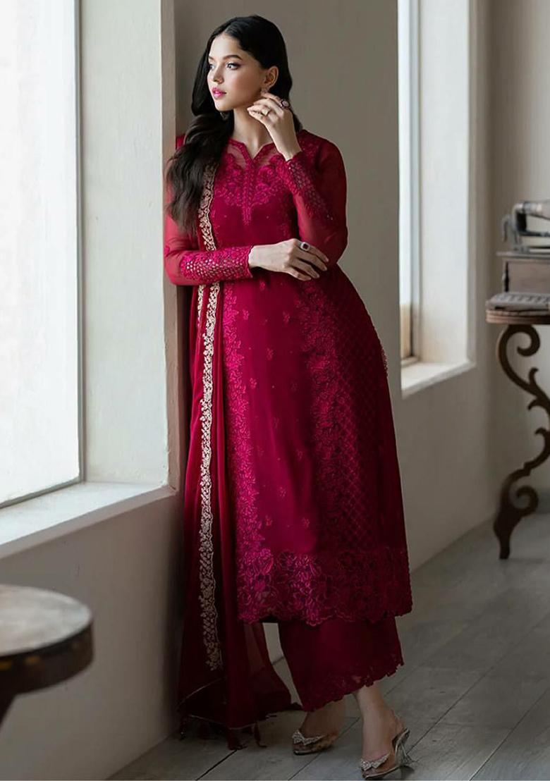 Red Embroidery Blended Kurta Set - Indya