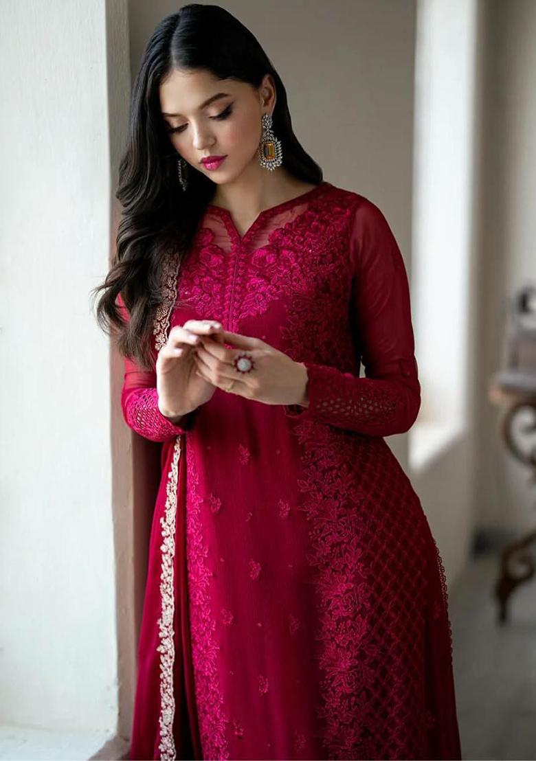 Red Embroidery Blended Kurta Set - Indya