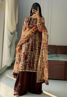 Brown Printed Blended Kurta Set