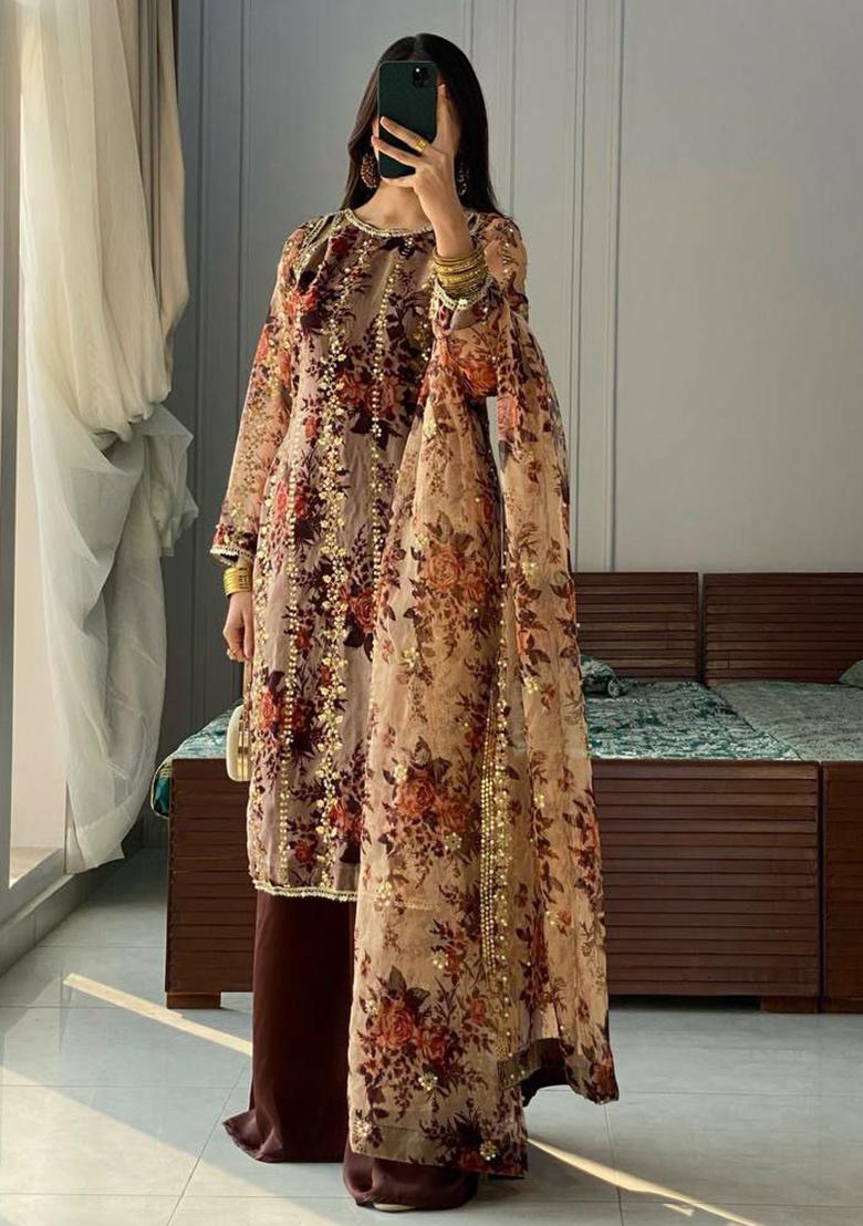 Brown Printed Blended Kurta Set - Indya