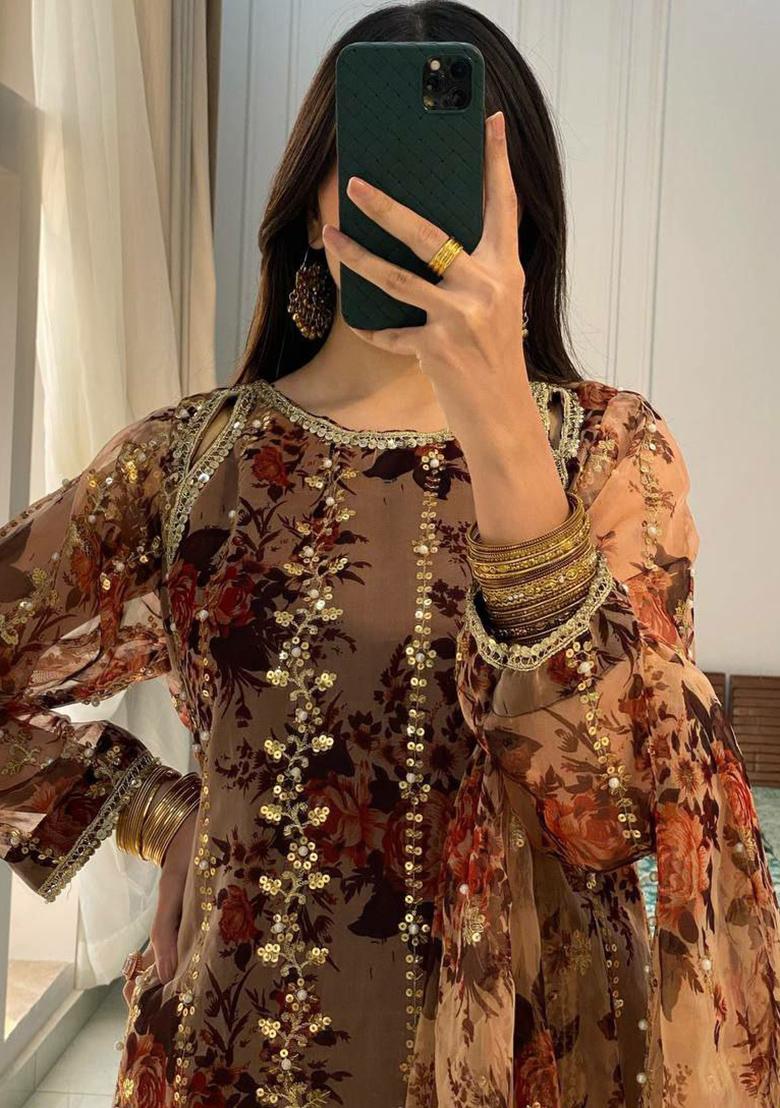 Brown Printed Blended Kurta Set - Indya