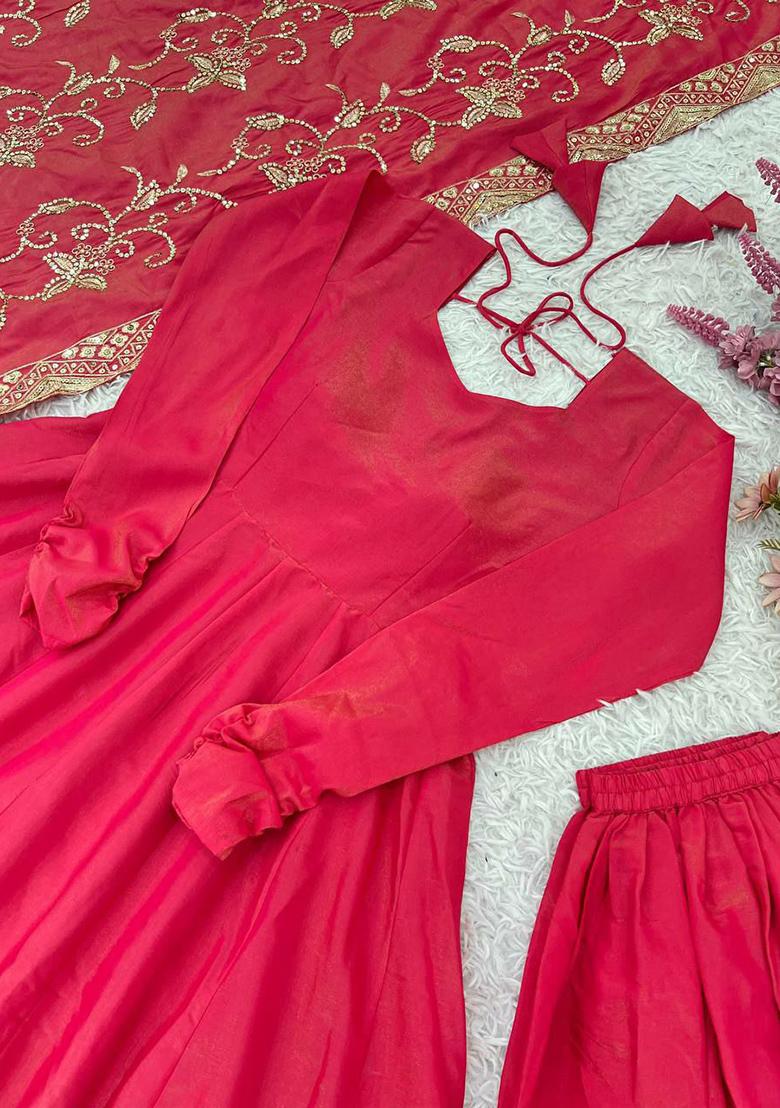Red Solid Blended Kurta Set - Indya