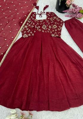 Maroon Embroidery Blended Kurta Set