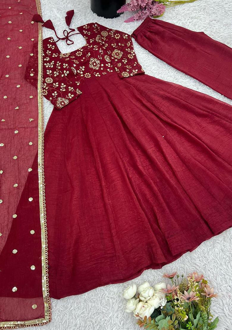 Maroon Embroidery Blended Kurta Set - Indya