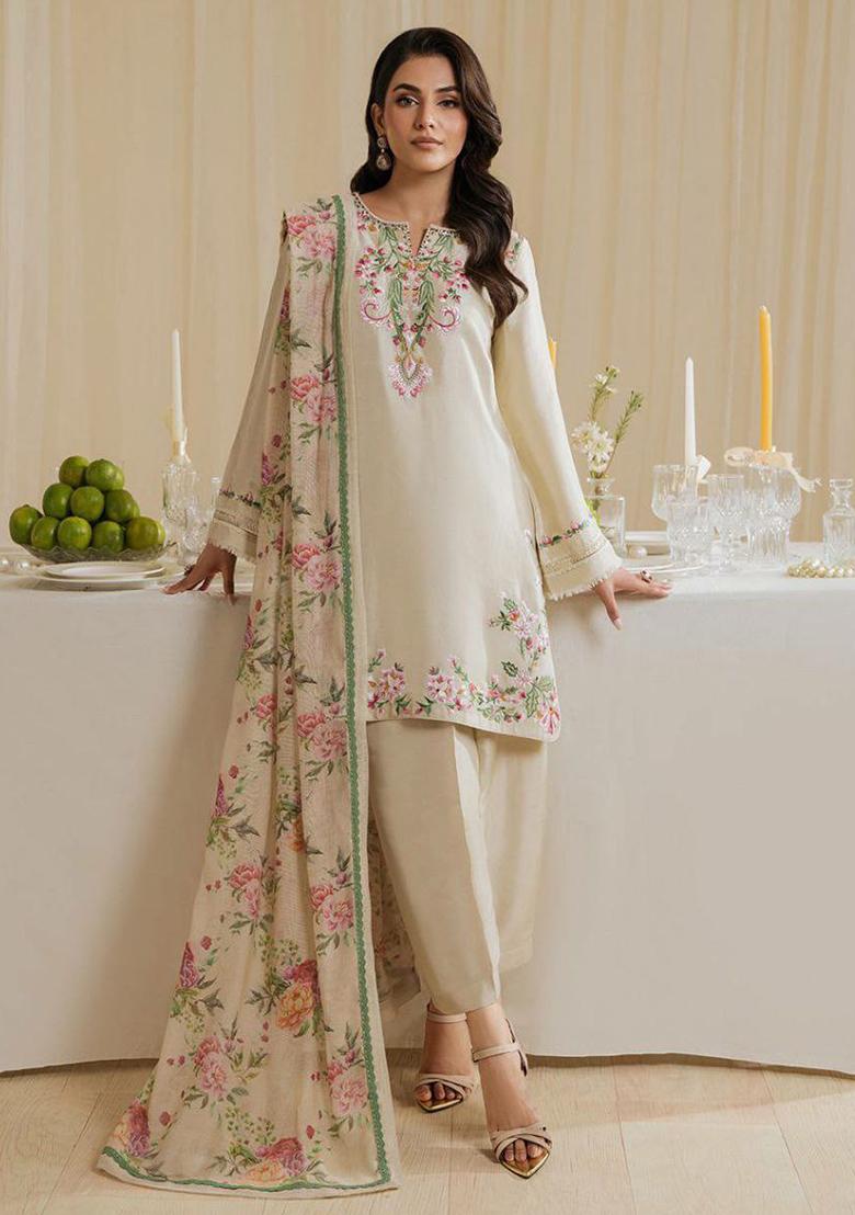 Cream Embroidery Blended Kurta Set - Indya