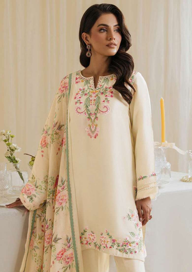 Cream Embroidered Blended Pakistani Suit Set - Indya