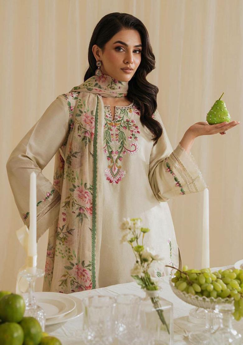 Cream Embroidery Blended Kurta Set - Indya
