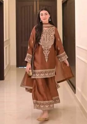 Orange Embroidery Blended Kurta Set