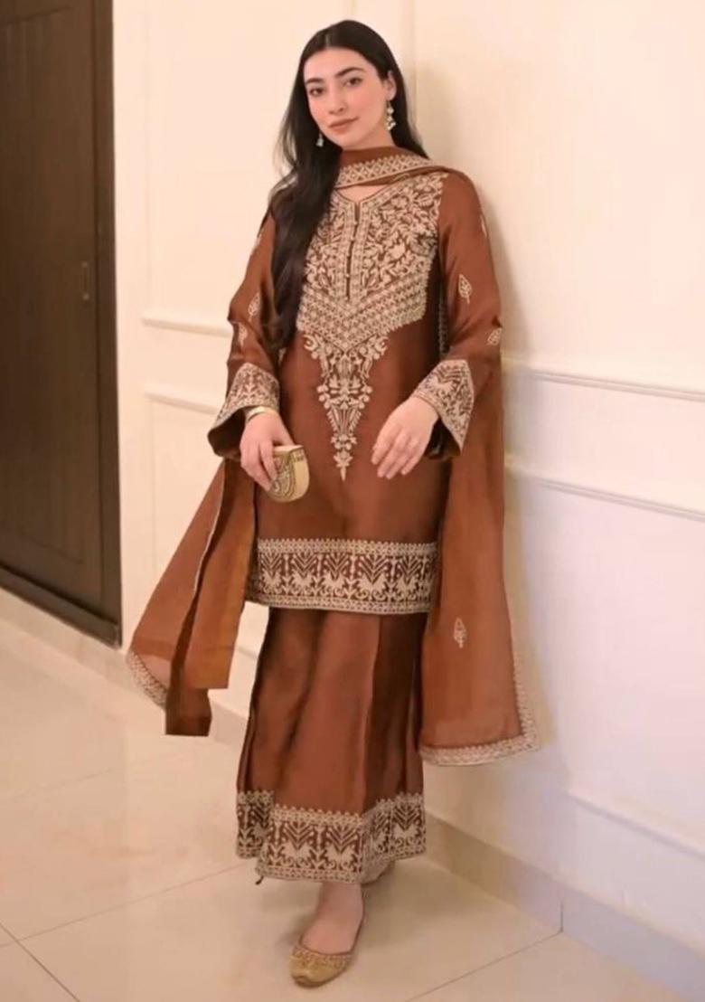 Orange Embroidery Blended Kurta Set - Indya