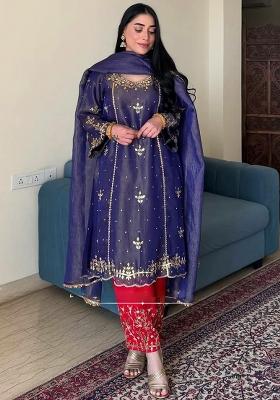 Blue Embroidery Blended Kurta Set