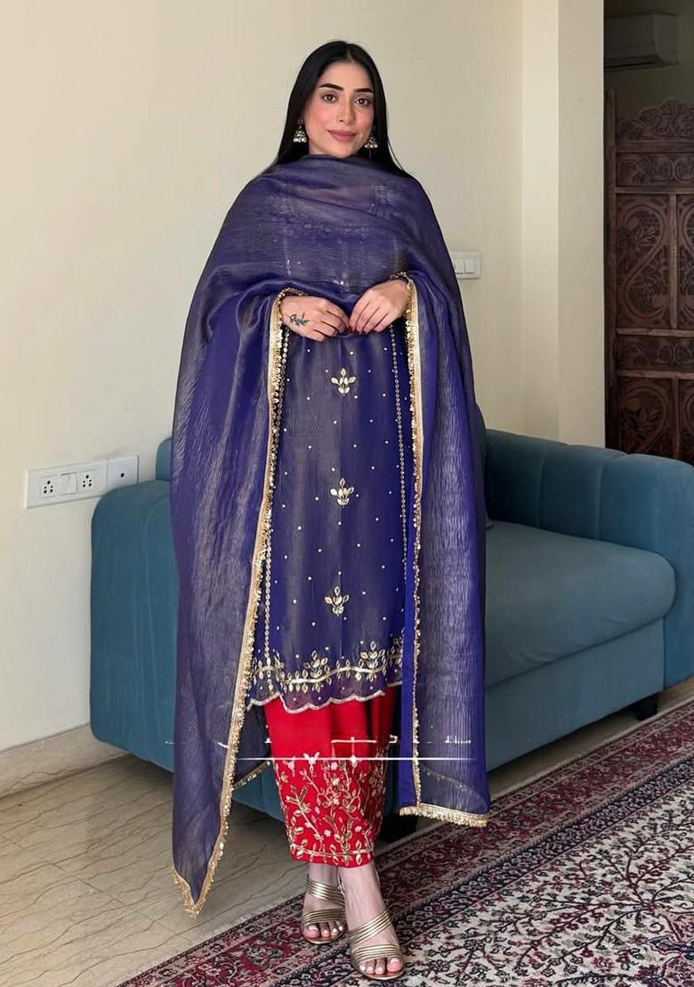 Blue Embroidery Blended Kurta Set - Indya