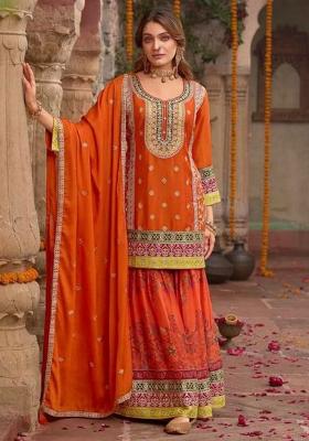 Orange Solid Blended Kurta Set