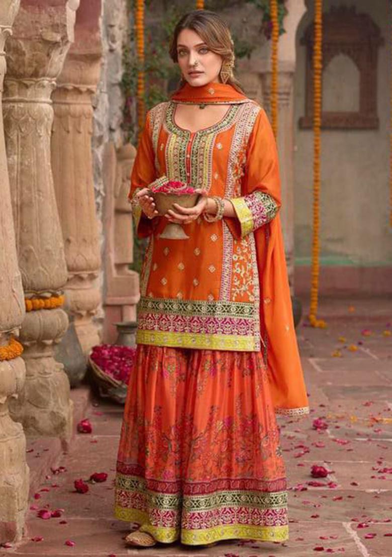 Orange Solid Blended Kurta Set - Indya