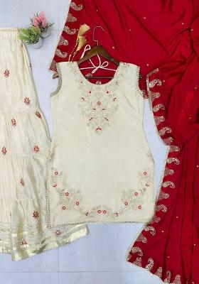 Off White Embroidery Blended Kurta Set