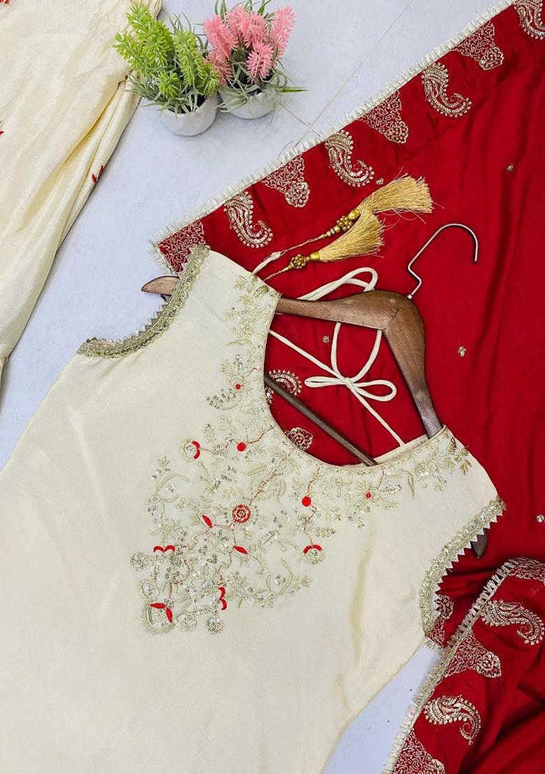 Off White Embroidery Blended Kurta Set - Indya