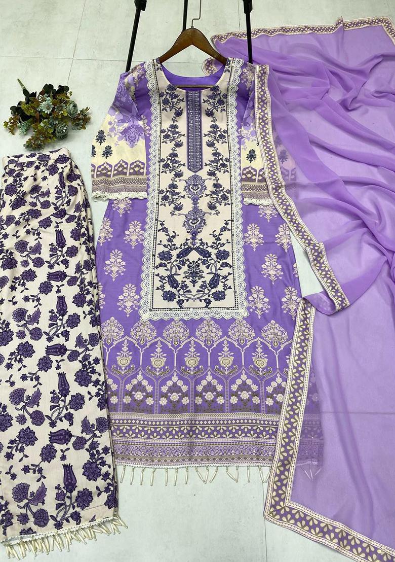 White Printed Blended Kurta Set - Indya