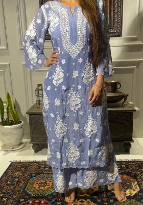 Blue Embroidery Blended Kurta Set