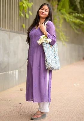 Lavender Solid Blended Kurta Set