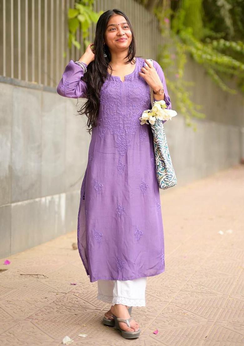 Lavender Solid Blended Kurta Set - Indya