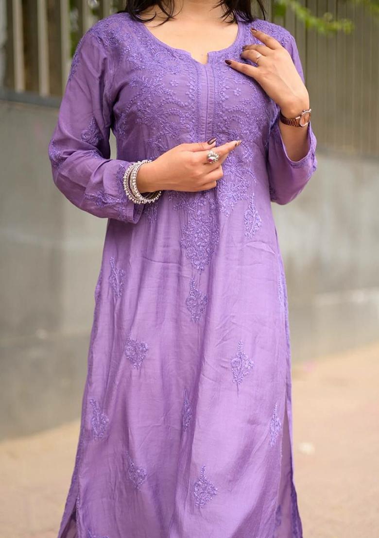 Lavender Solid Blended Kurta Set - Indya