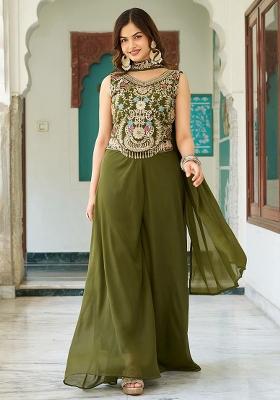 Green Embroidery Blended Kurta Set