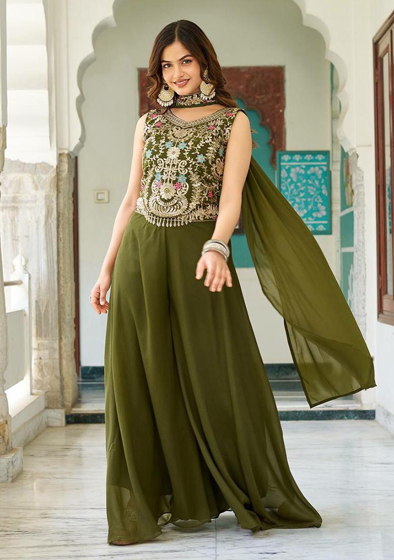 Green Embroidery Blended Kurta Set - Indya