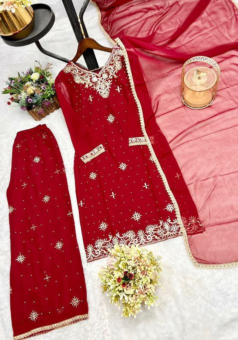 Red Embroidery Blended Kurta Set