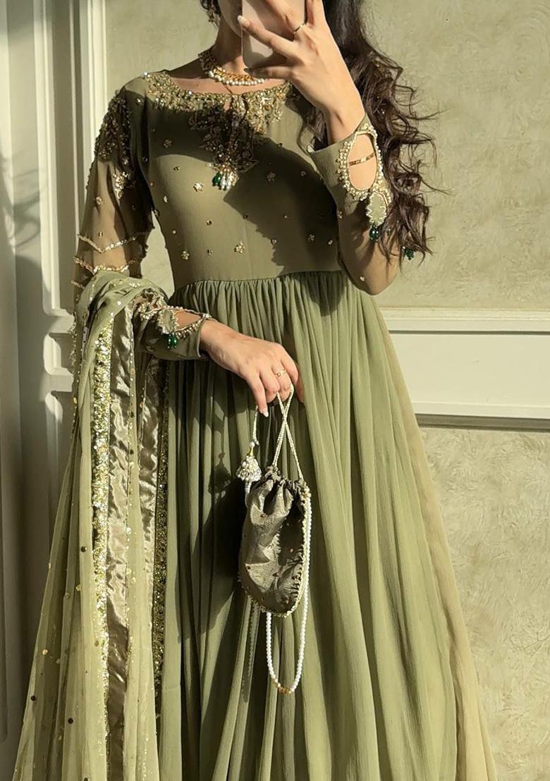 Green Solid Blended Kurta Set - Indya