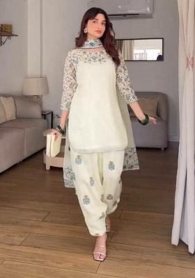 White Printed Blended Kurta Set