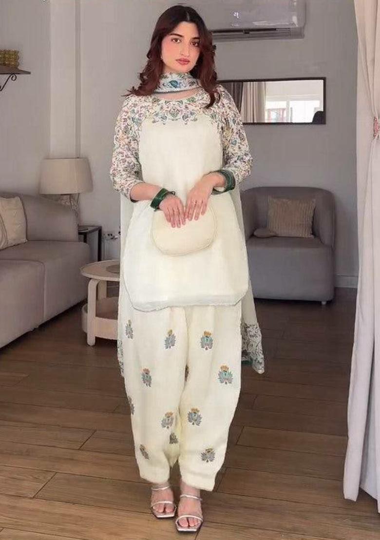 White Printed Blended Kurta Set - Indya