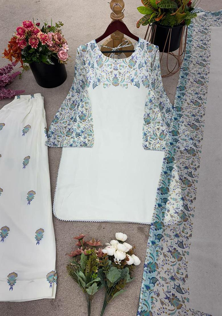 White Printed Blended Kurta Set - Indya