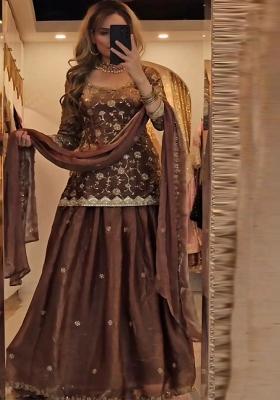Brown Embroidery Blended Kurta Set