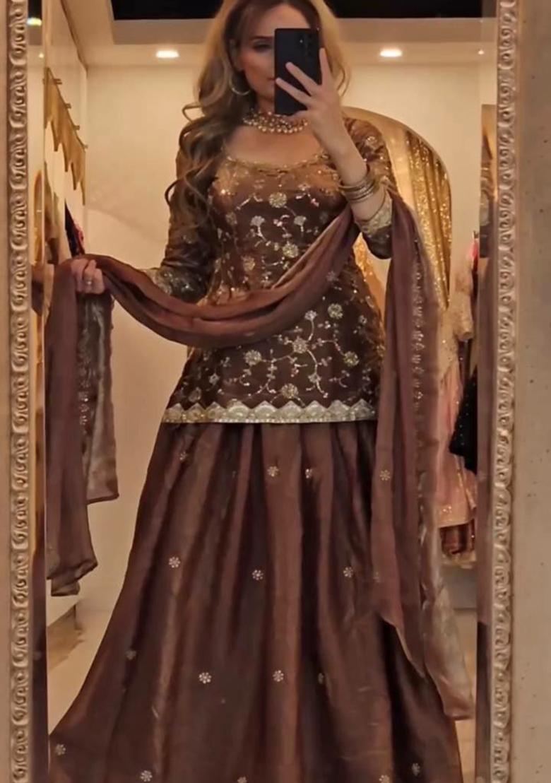 Brown Embroidery Blended Kurta Set - Indya