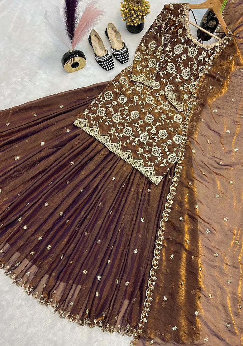 Brown Embroidery Blended Kurta Set - Indya