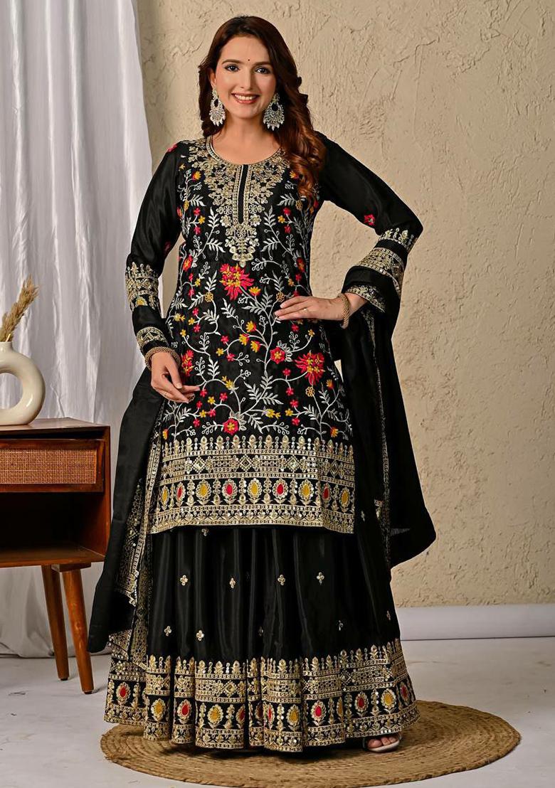 Black Embroidery Blended Kurta Set - Indya