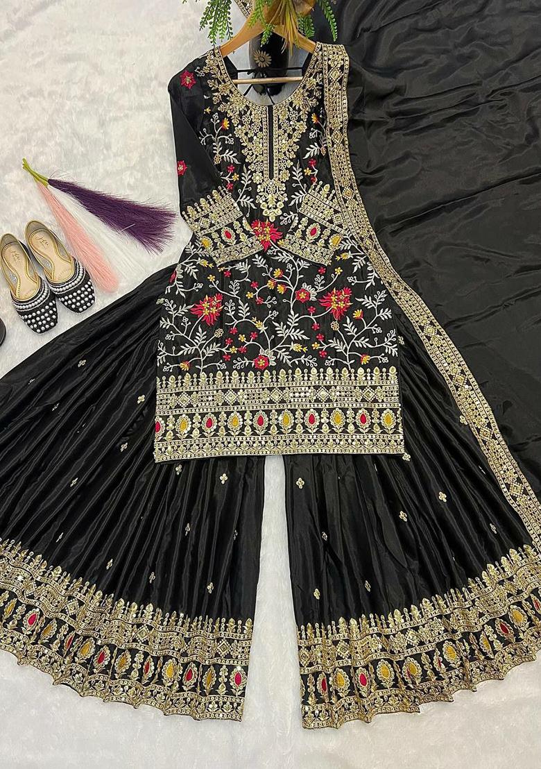 Black Embroidery Blended Kurta Set - Indya