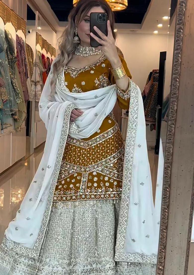 Yellow Embroidery Blended Kurta Set - Indya