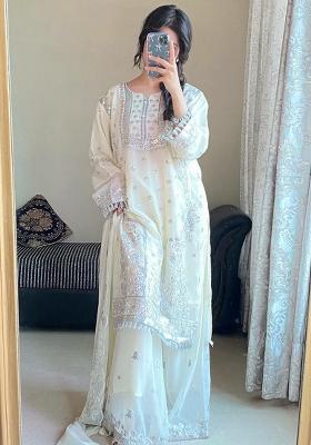 White Embroidery Blended Kurta Set