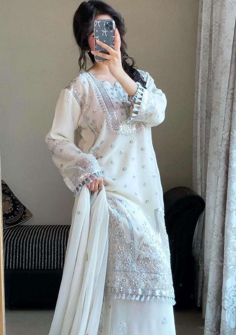 White Embroidery Blended Kurta Set - Indya