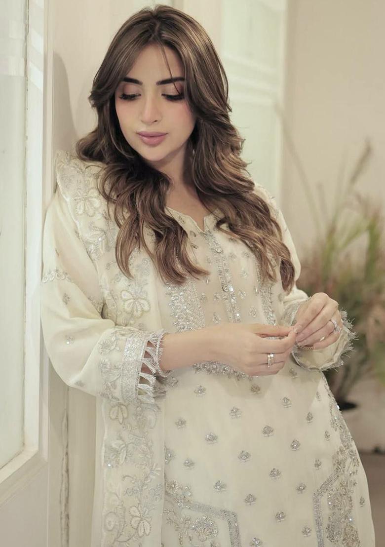 White Embroidery Blended Kurta Set - Indya