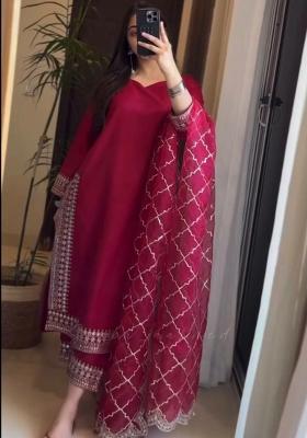 Red Embroidery Blended Kurta Set