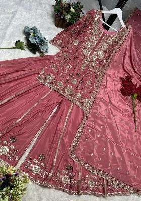 Pink Embroidery Blended Kurta Set