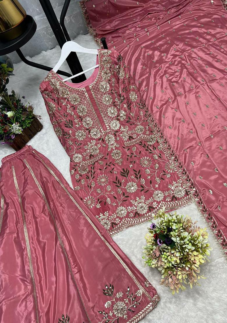 Pink Embroidery Blended Kurta Set - Indya