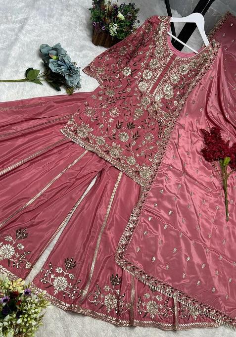 Pink Embroidery Blended Kurta Set