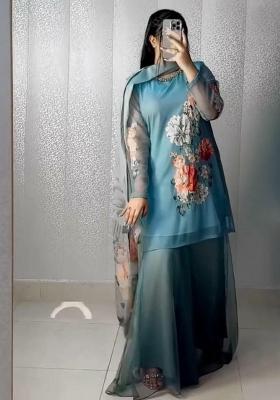 Blue Printed Blended Kurta Set