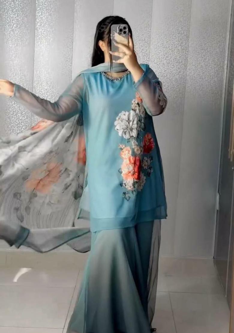 Blue Printed Blended Kurta Set - Indya