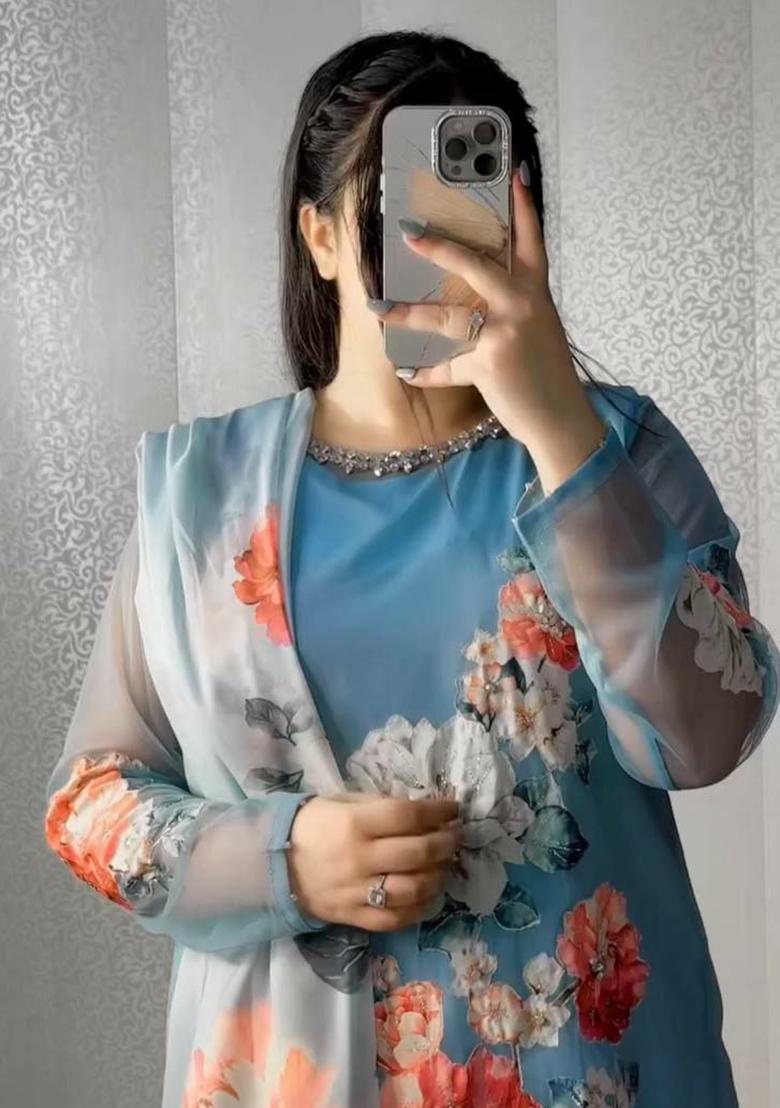 Blue Printed Blended Kurta Set - Indya