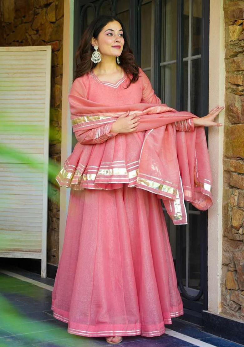 Red Solid Blended Kurta Set - Indya