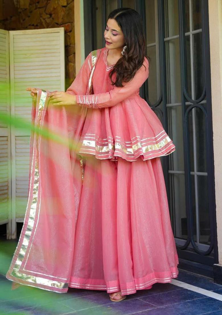 Red Solid Blended Kurta Set - Indya