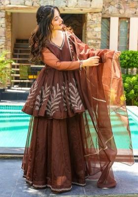 Brown Embroidery Blended Kurta Set